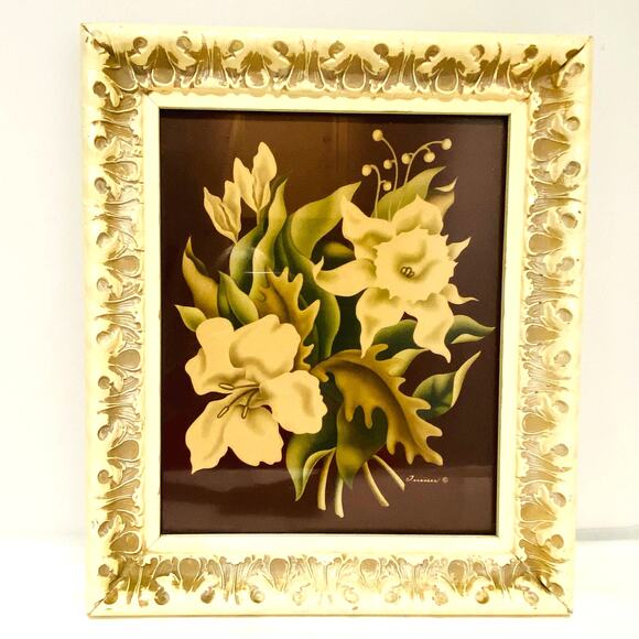Mid Century Turner Floral Print Original Frame Maroon & Creamy White Signed - Picture 1 of 7